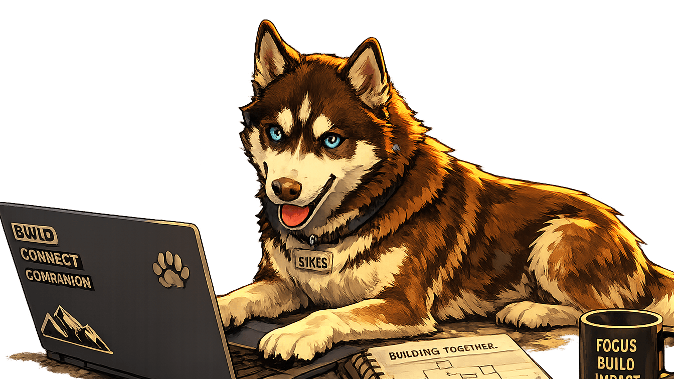 Sykes the Siberian husky companion beside a laptop and notebook