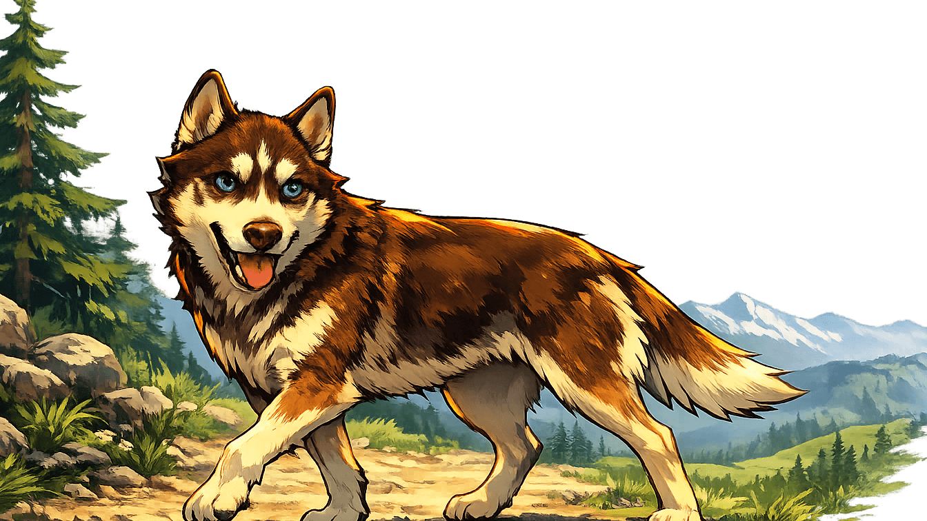 Sykes the Siberian husky companion walking outside in the mountains