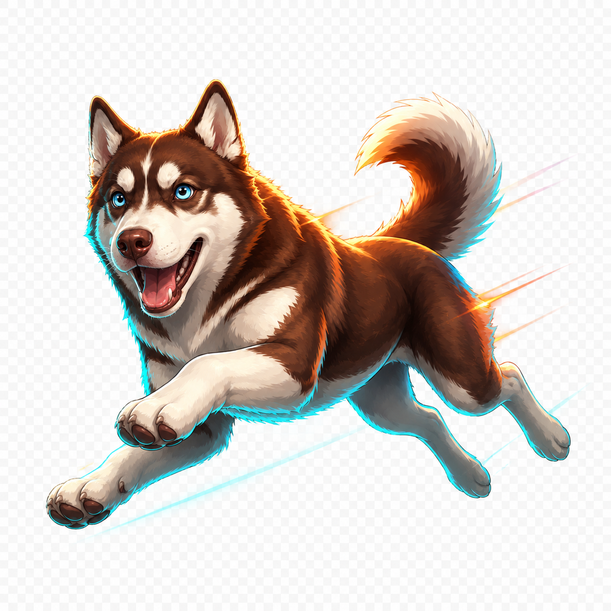 Brown and white Sykes husky mascot running forward